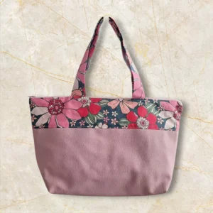 Sac à main cabas artisanal fabriqué en Bretagne, simili rose et tissu fleuri
