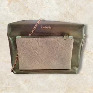 Sac à main Valérie artisanal fabriqué en Bretagne, simili kaki irisé et doré