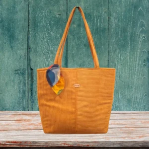 Sac cabas en velours – Grand volume avec poches intérieures et foulard assorti - Jaune moutarde